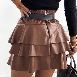 Ladies high-Waist Mini leather Puff Skirt