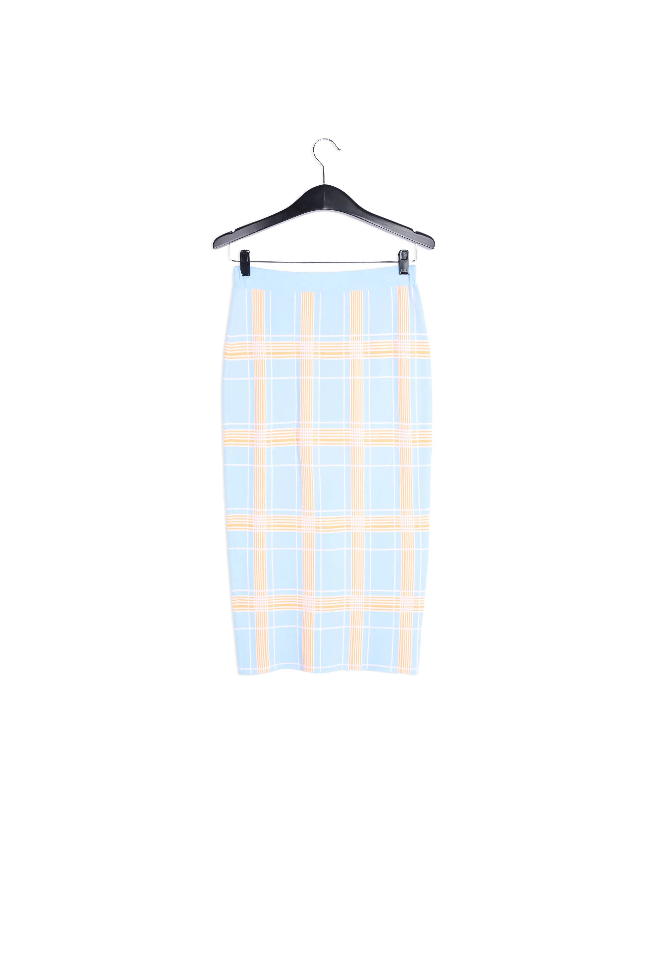 Light blue knitted midi skirt with check motif