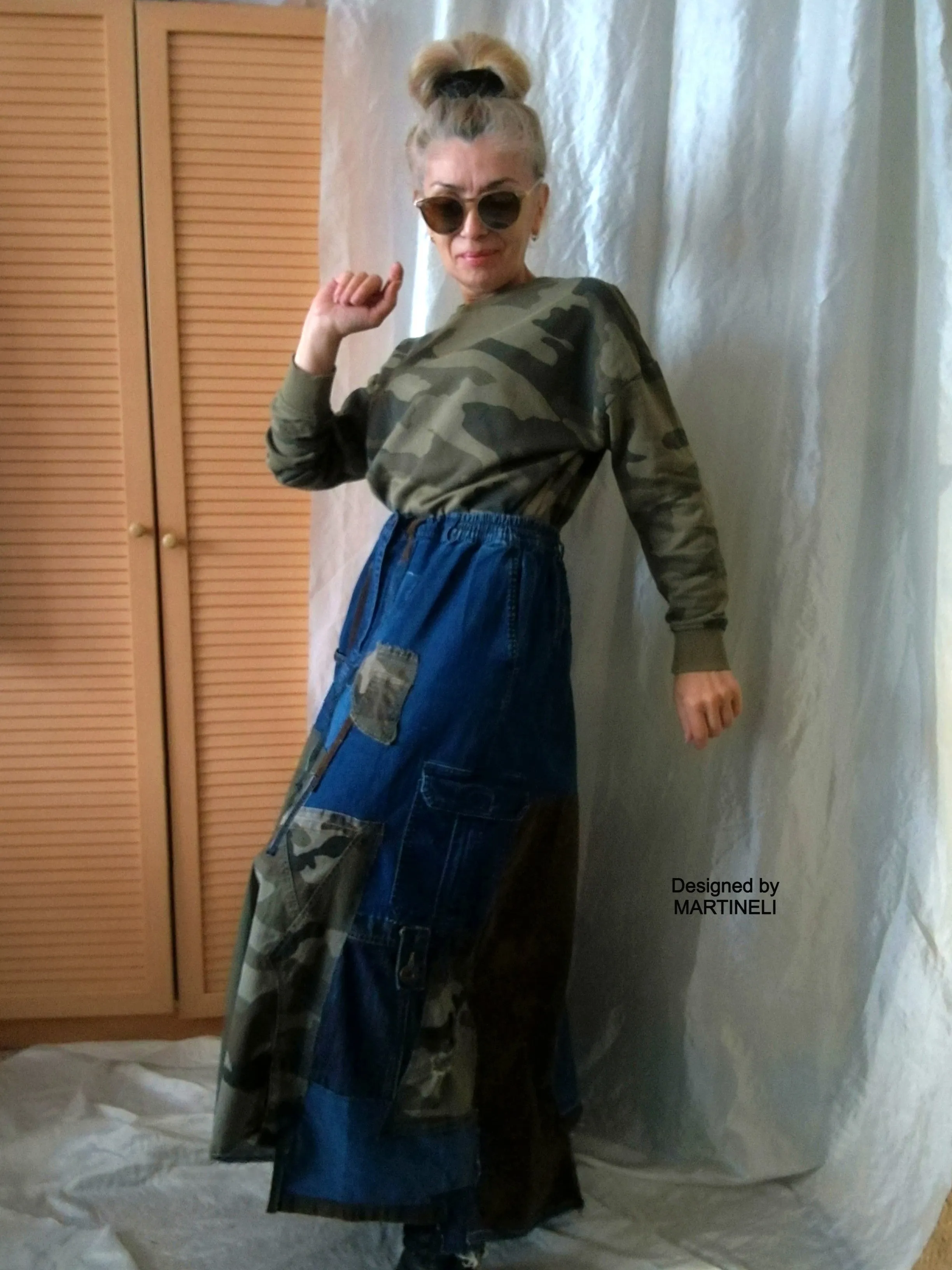 Long Denim Skirt,S/XL Maxi Camouflage Skirt