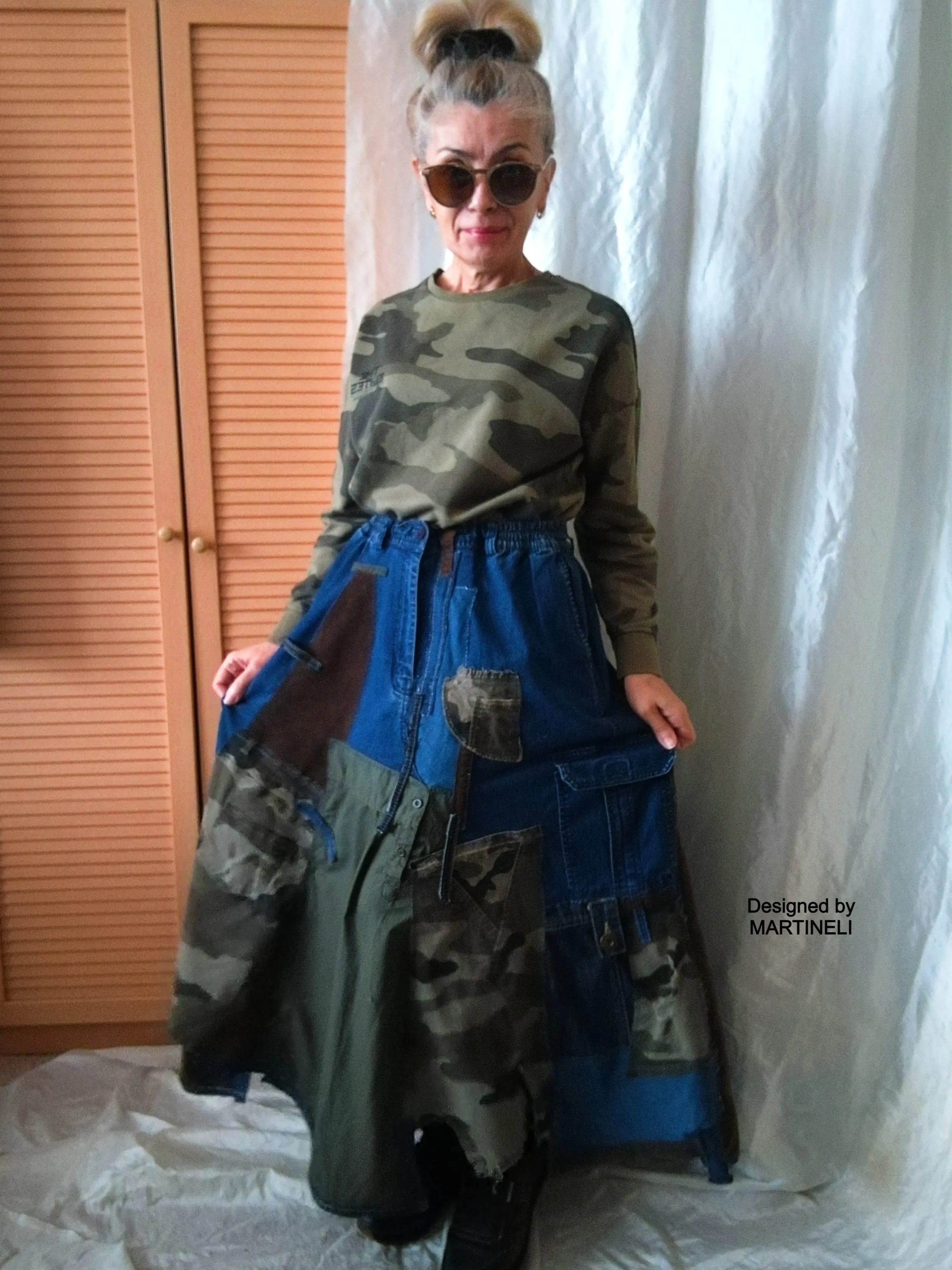 Long Denim Skirt,S/XL Maxi Camouflage Skirt