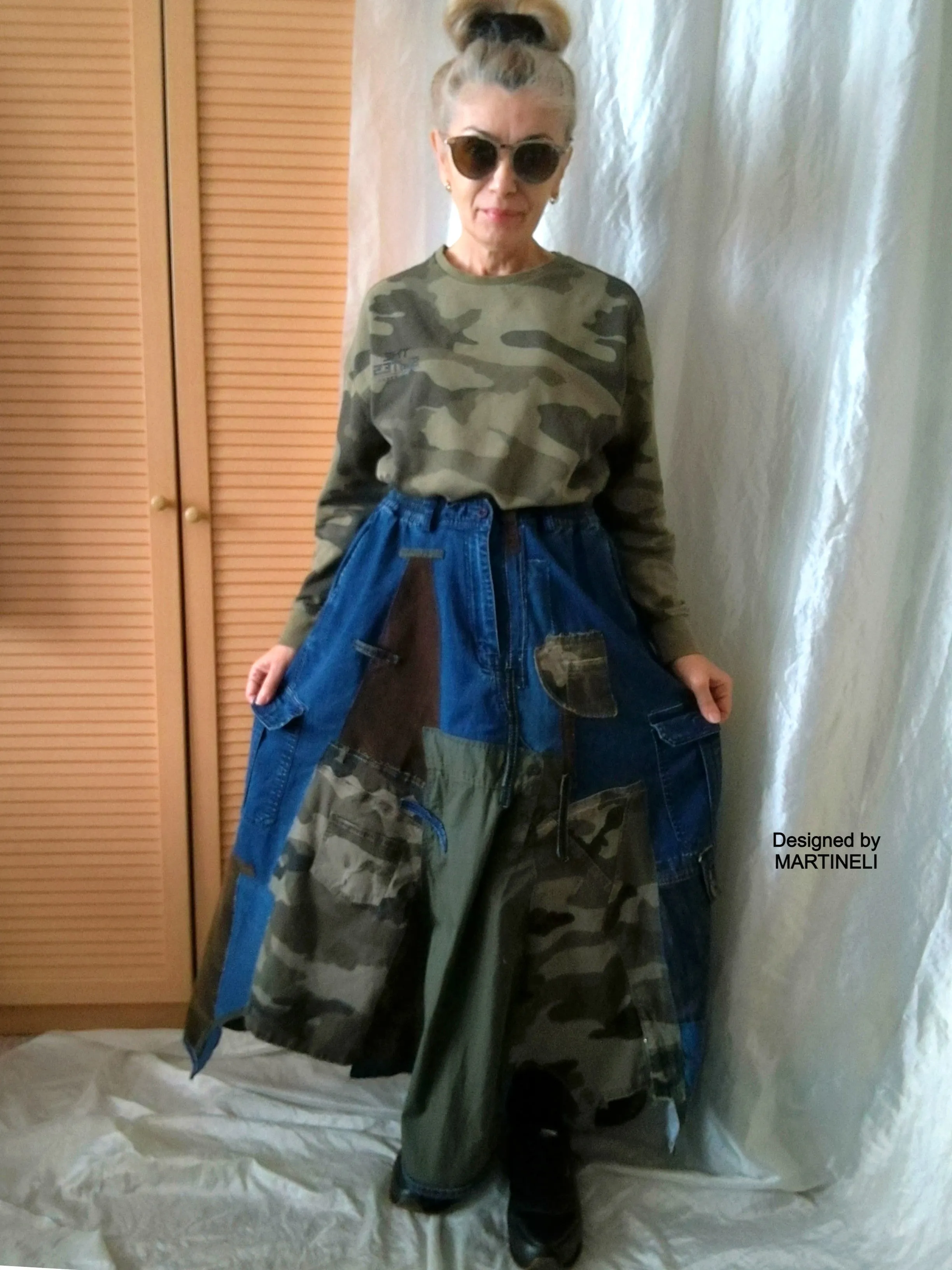 Long Denim Skirt,S/XL Maxi Camouflage Skirt