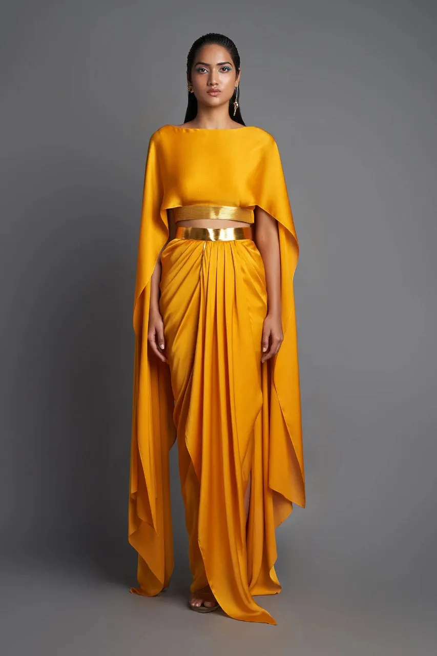 Metallic Yellow Top With Draped Skirt