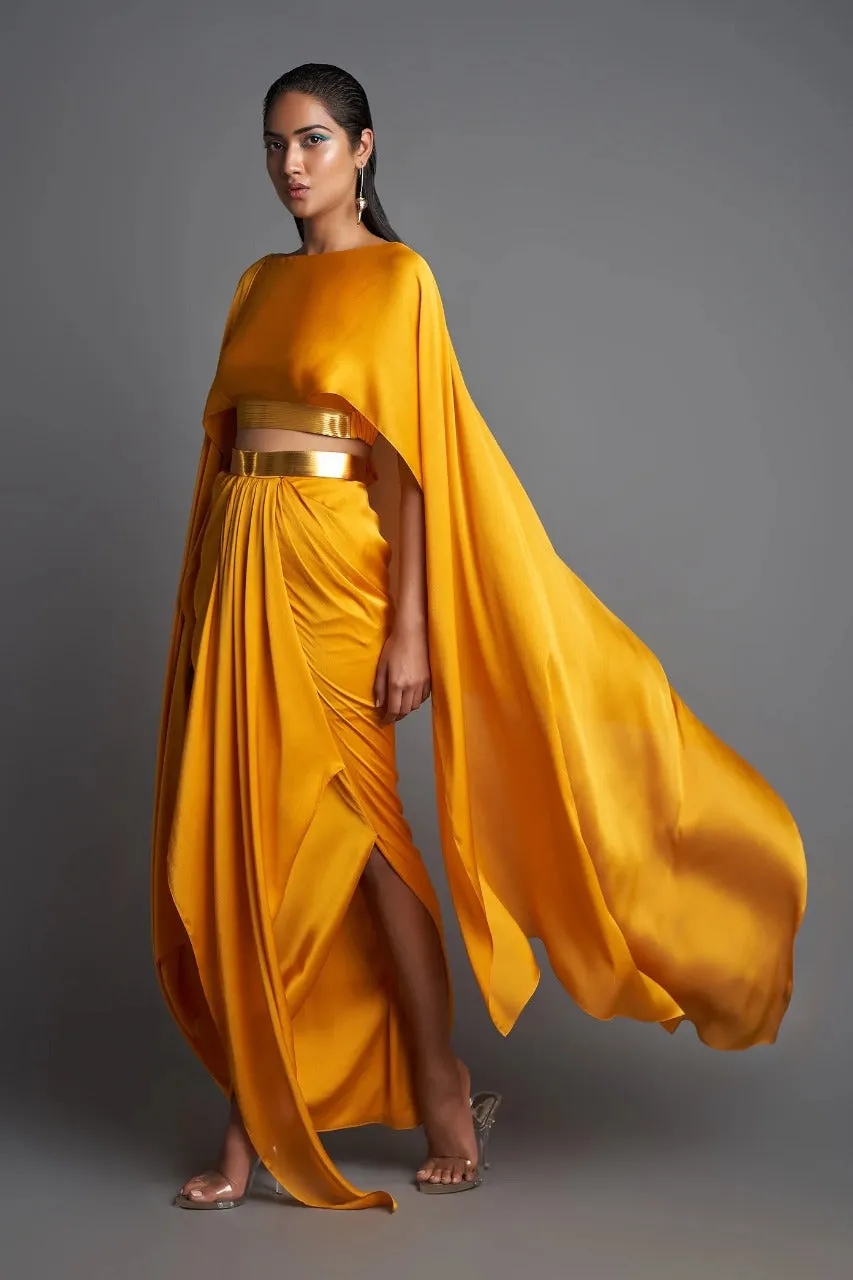 Metallic Yellow Top With Draped Skirt