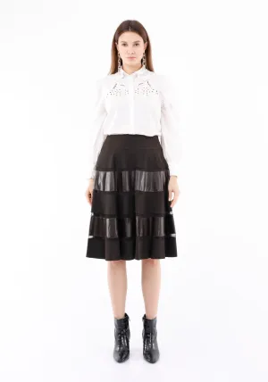 Midi Two Ply Brown  Flare Skirt with Tulle and Vegan Leather Lines