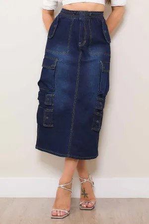 Multi Cargo Pocket Midi Denim Skirt