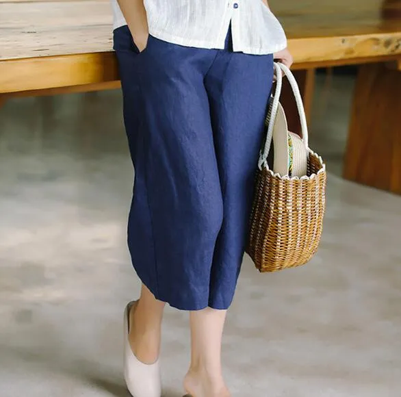 Navy Blue Linen Summer Women Casual Pants SJ97136