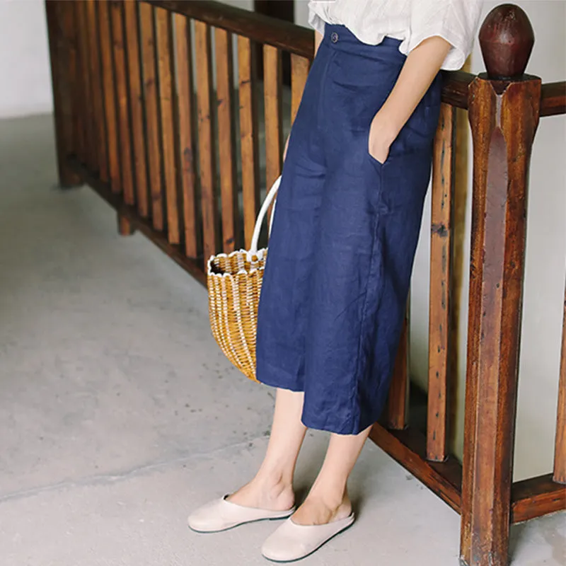 Navy Blue Linen Summer Women Casual Pants SJ97136