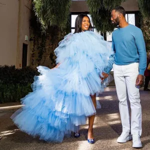 Oyemwen Light Blue High Low Tulle One Shoulder Maxi Tutu Dress