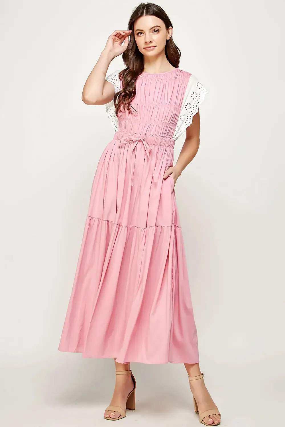 Pink Eyelet Trim Tiered Midi Dress