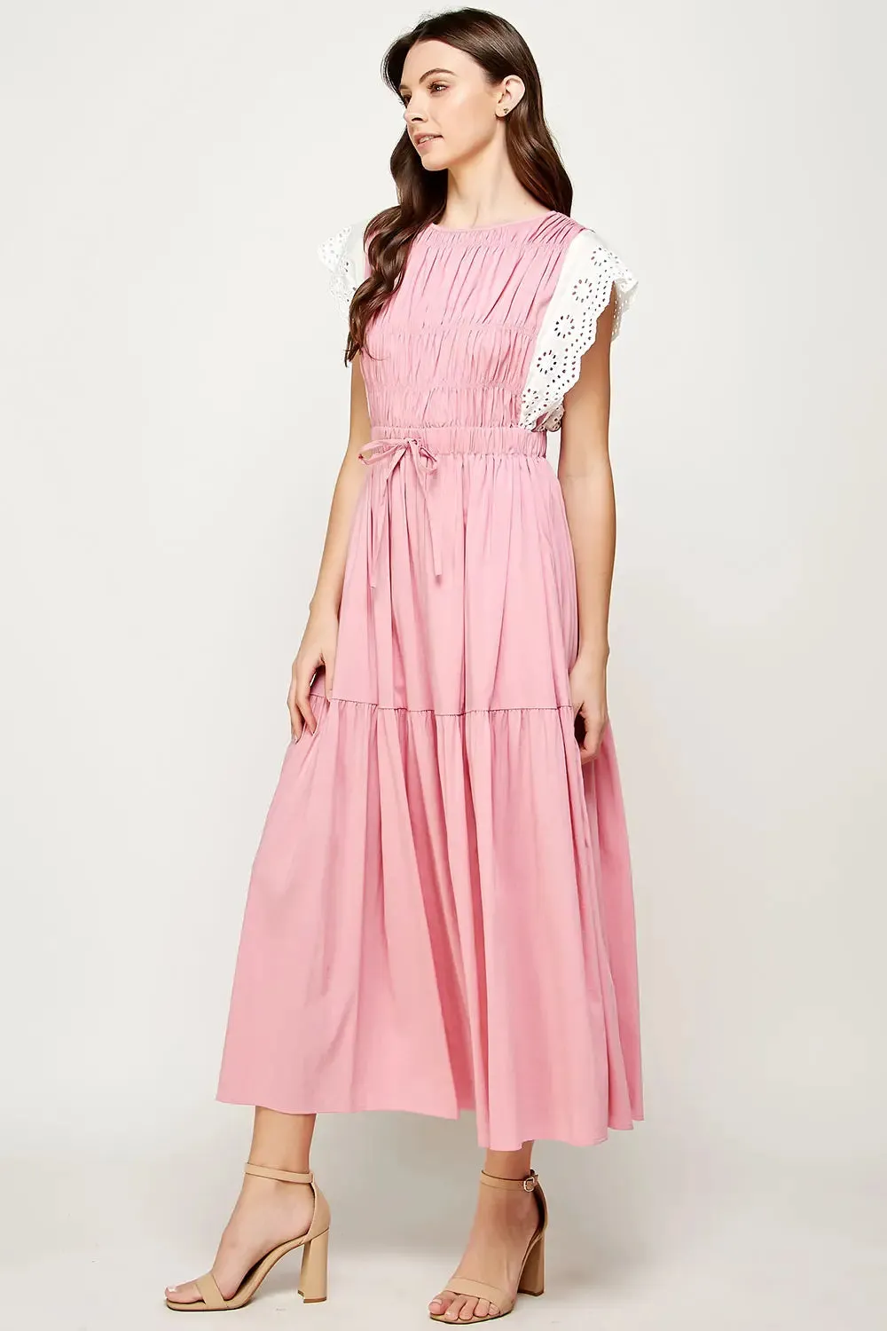 Pink Eyelet Trim Tiered Midi Dress