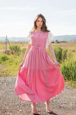 Pink Eyelet Trim Tiered Midi Dress