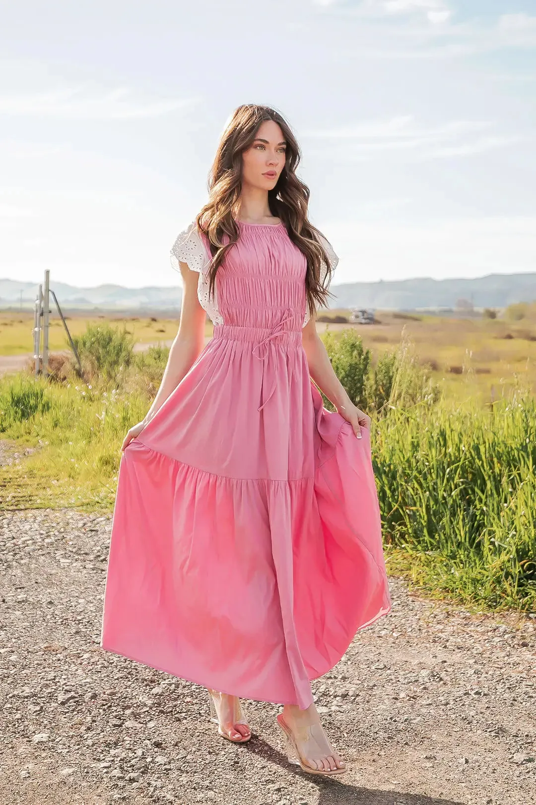 Pink Eyelet Trim Tiered Midi Dress