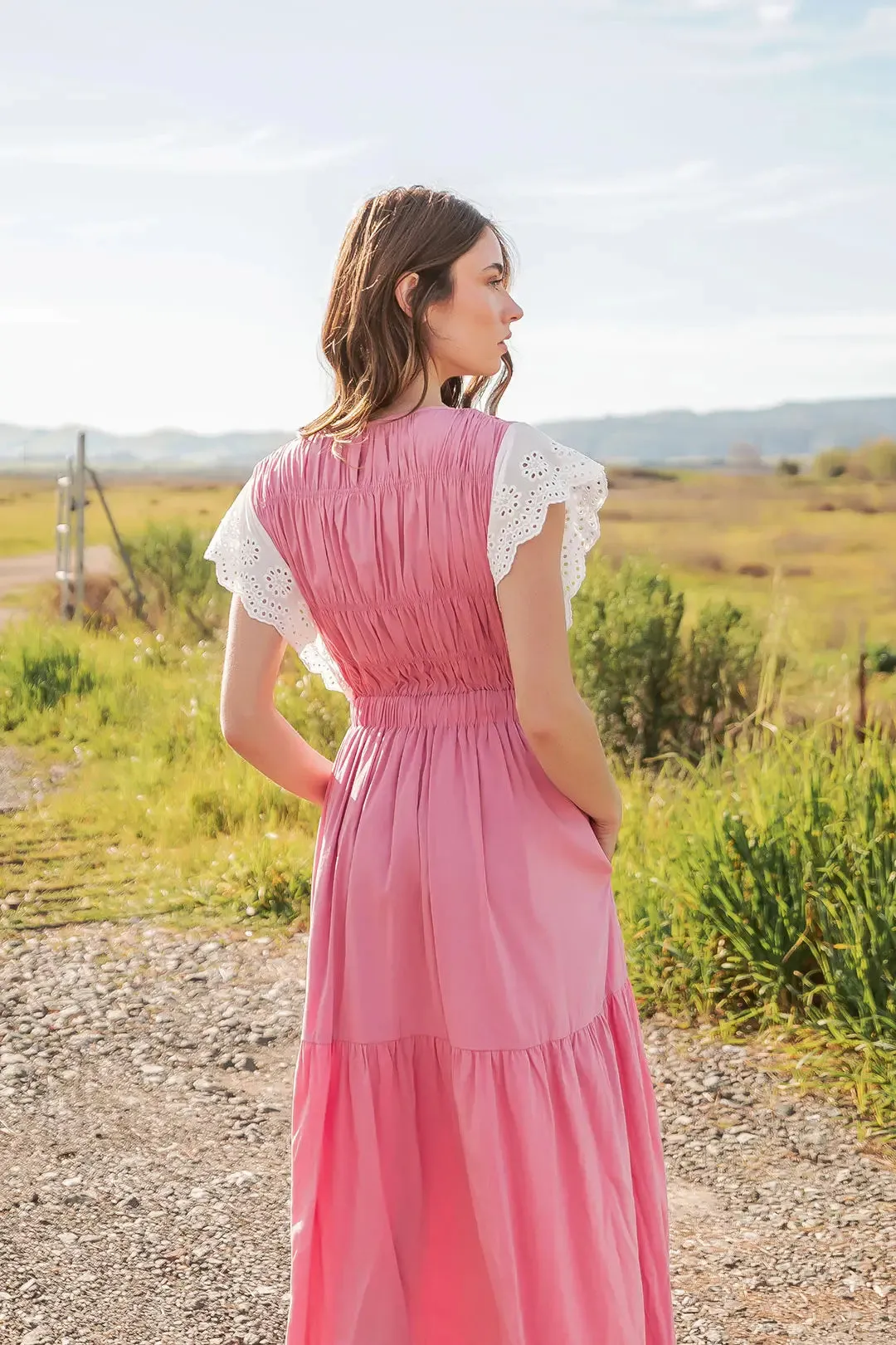 Pink Eyelet Trim Tiered Midi Dress