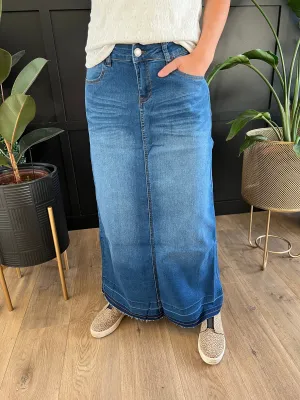 "Amaya" Long Denim Skirt in Indigo Wash