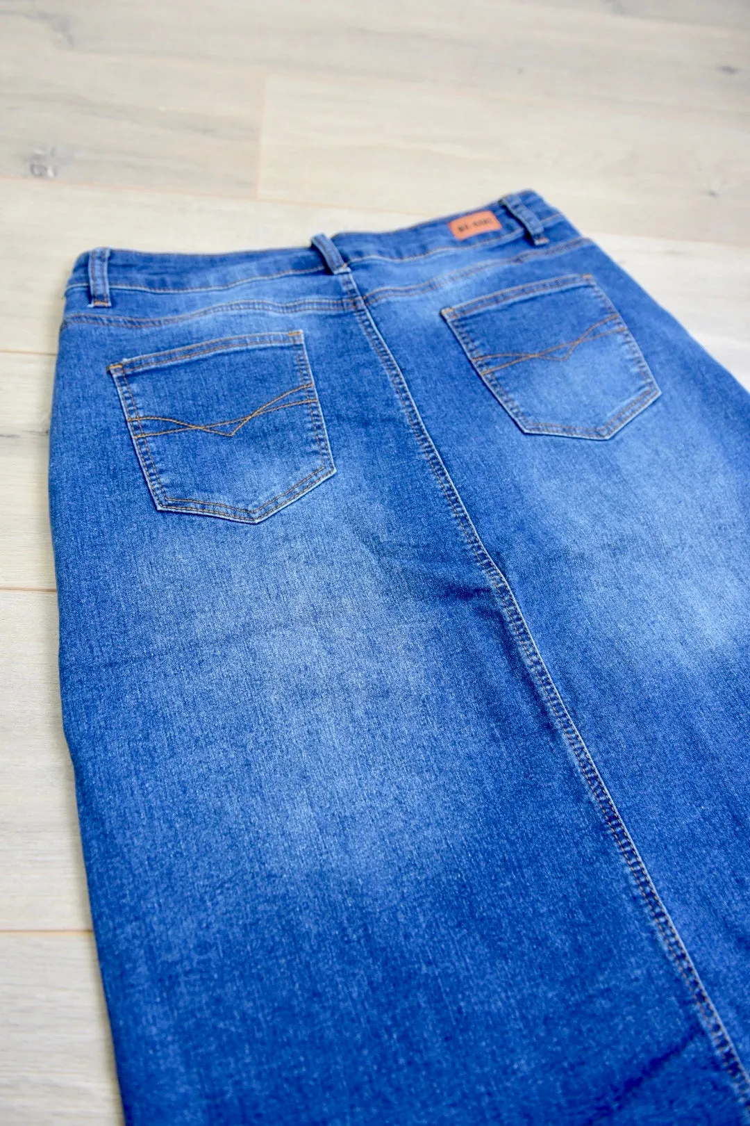 "Avery" Long Denim Skirt in Indigo Wash