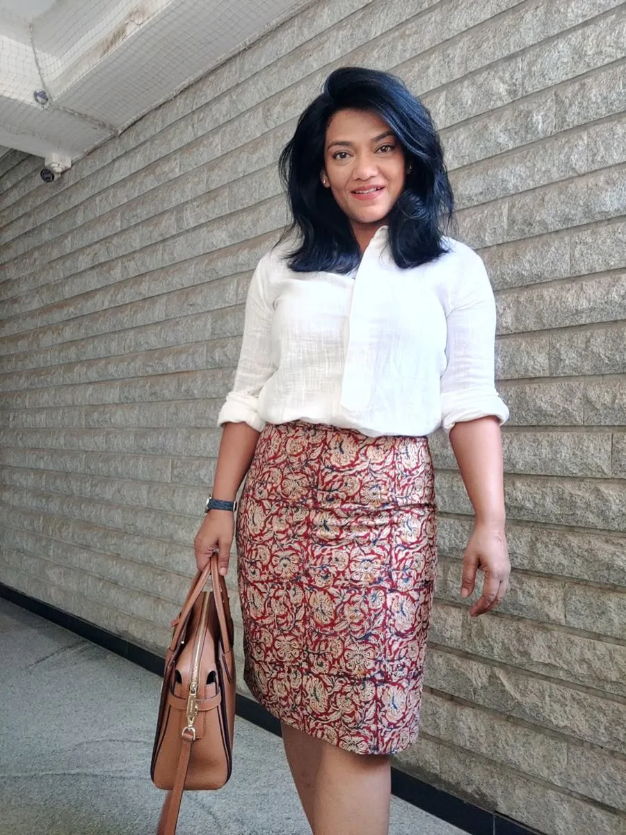 Red Kalamkari Hand Block Printed Cotton Pencil Skirt