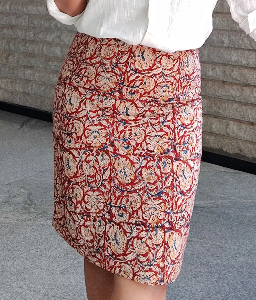 Red Kalamkari Hand Block Printed Cotton Pencil Skirt