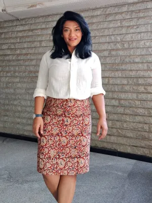 Red Kalamkari Hand Block Printed Cotton Pencil Skirt