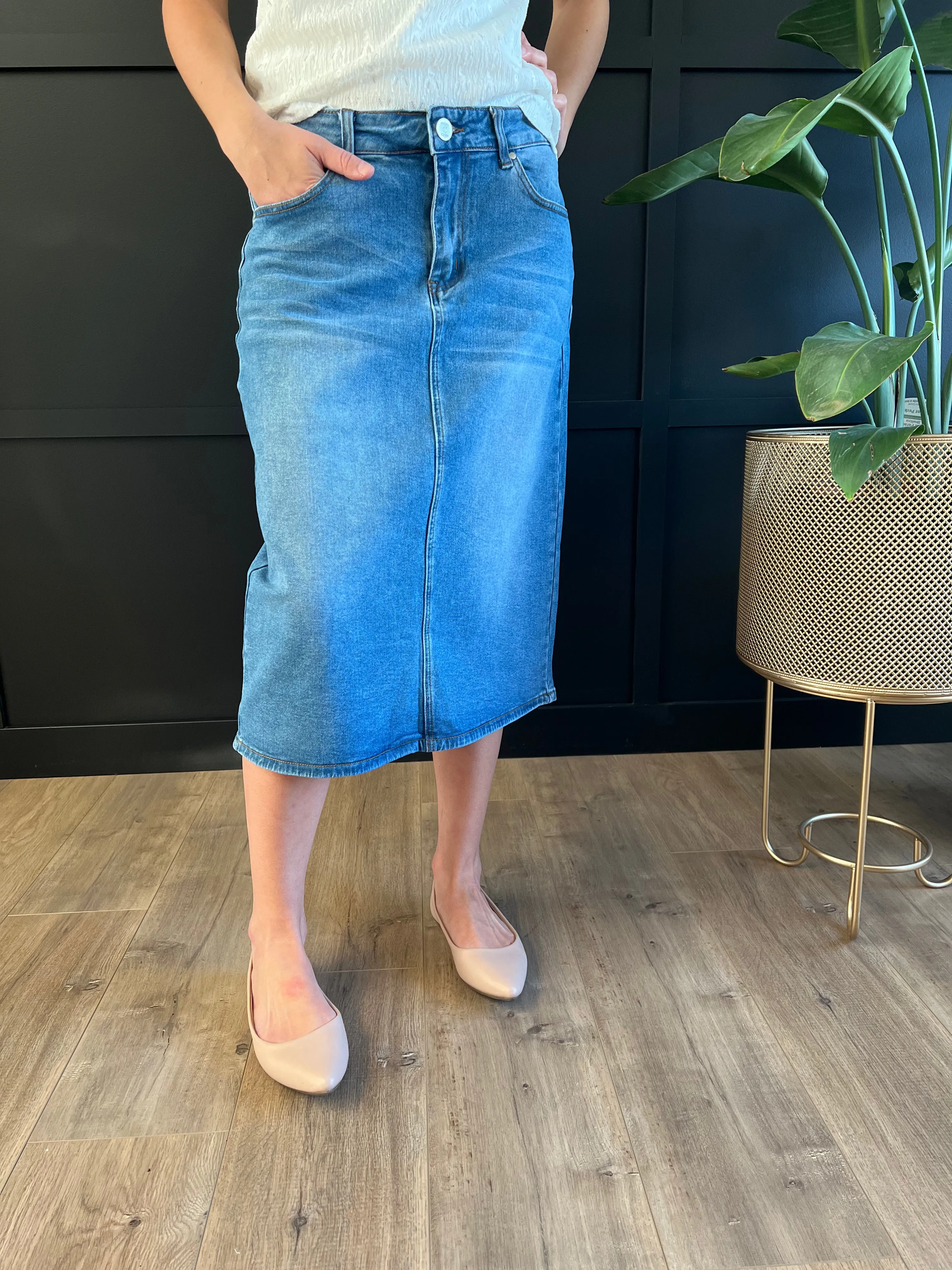 Remi Light Wash Denim Midi Skirt 29 inches long - CLEARANCE