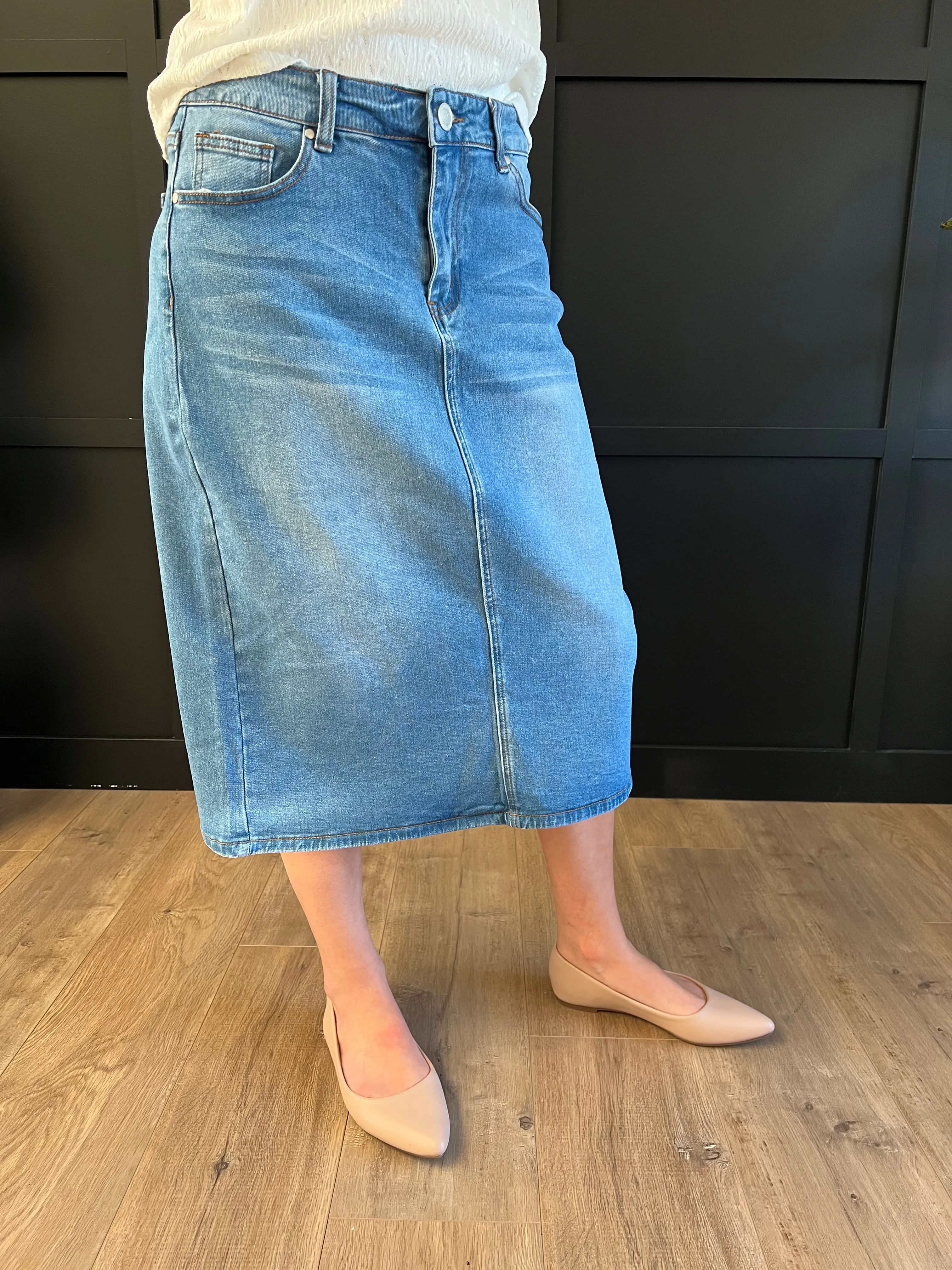 Remi Light Wash Denim Midi Skirt 29 inches long - CLEARANCE