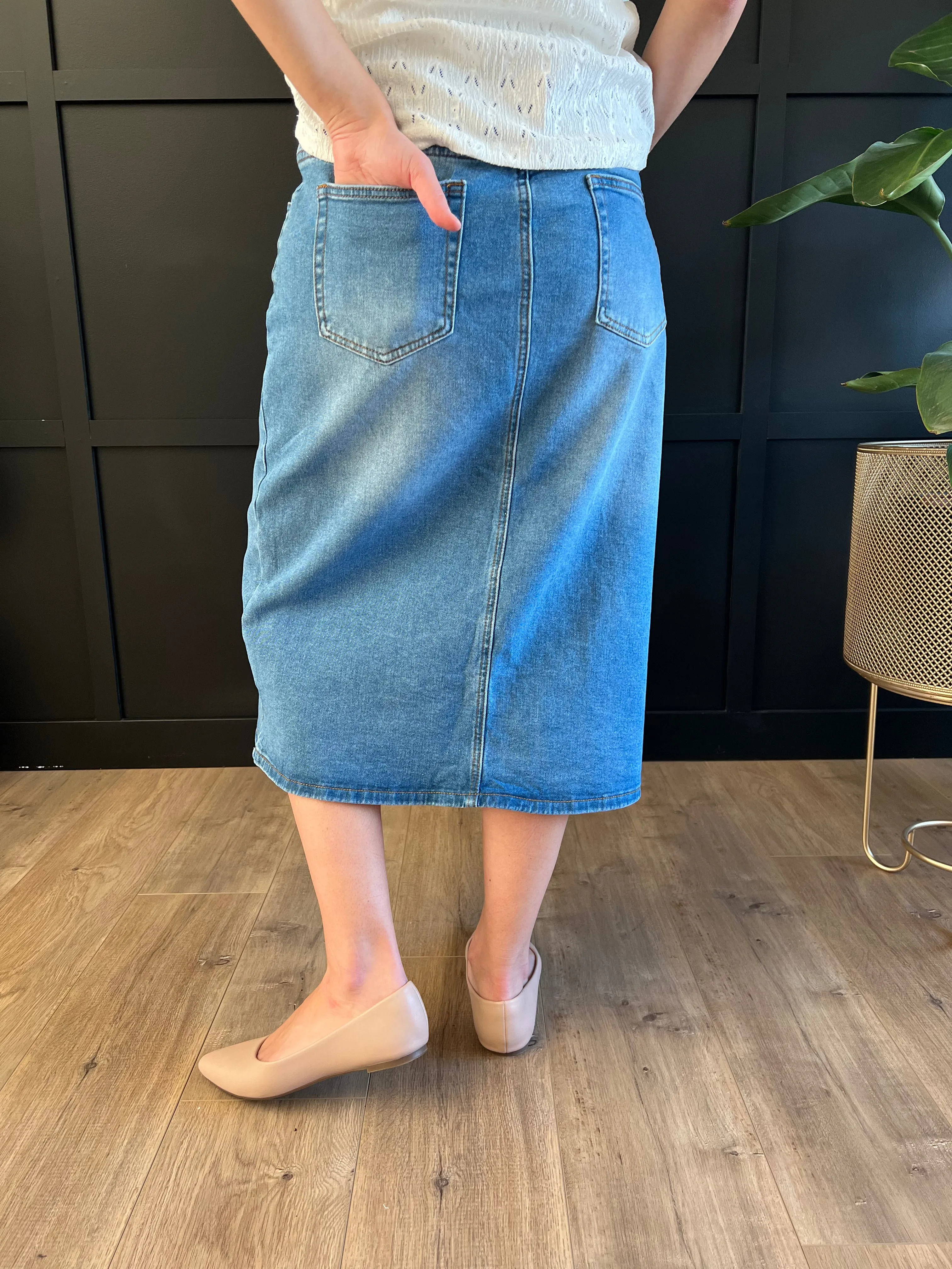 Remi Light Wash Denim Midi Skirt 29 inches long - CLEARANCE