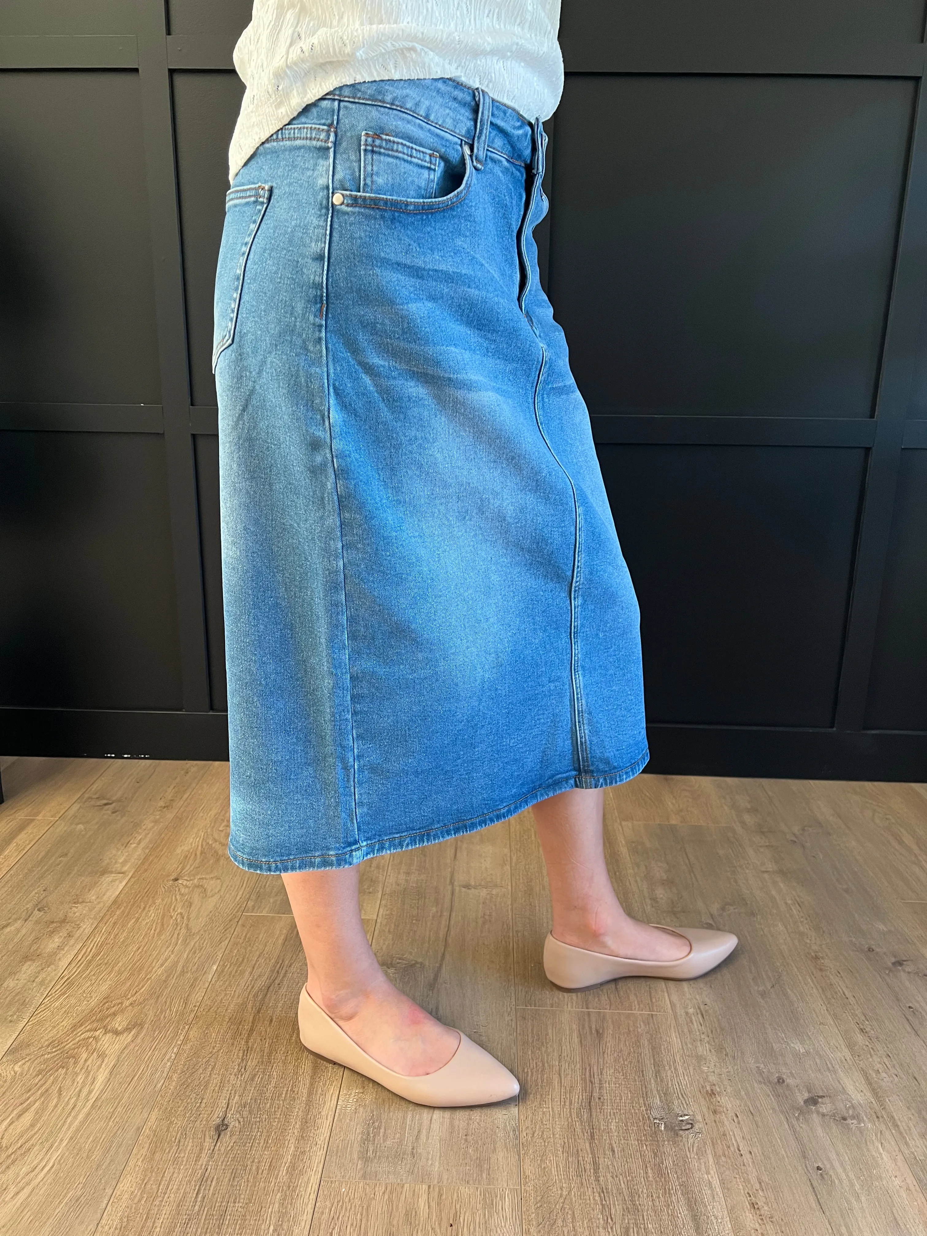 Remi Light Wash Denim Midi Skirt 29 inches long - CLEARANCE