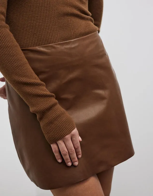 Rockefeller A-line Leather Skirt Pecan Brown Leather