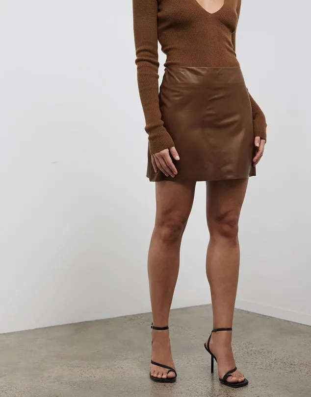 Rockefeller A-line Leather Skirt Pecan Brown Leather