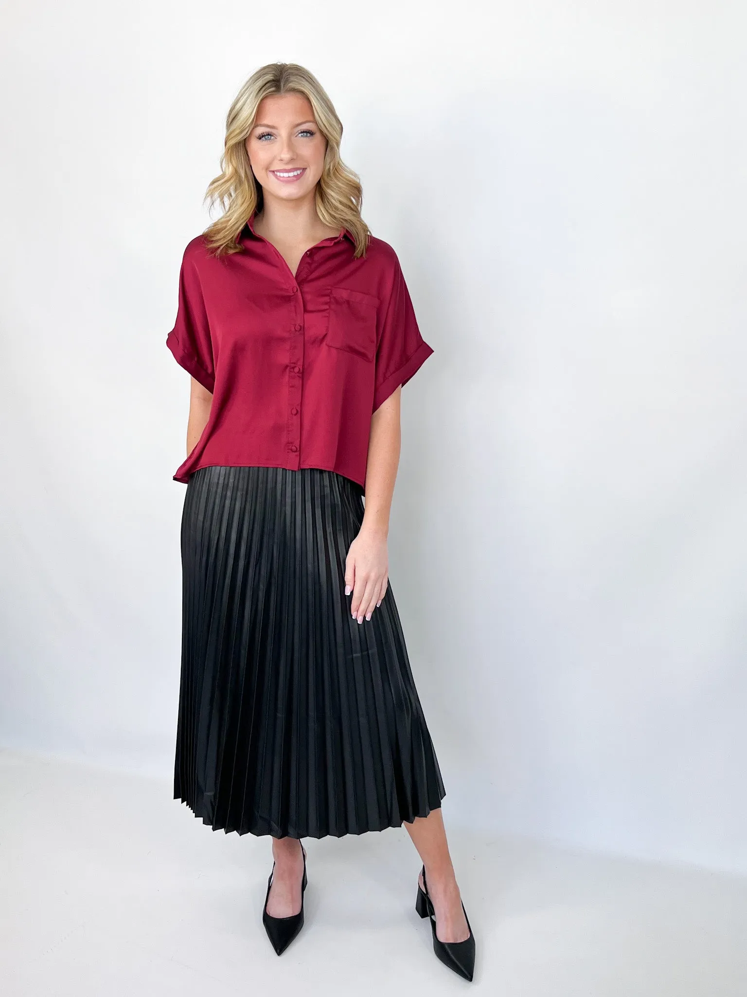 Sara - Black Pleather Pleated Skirt