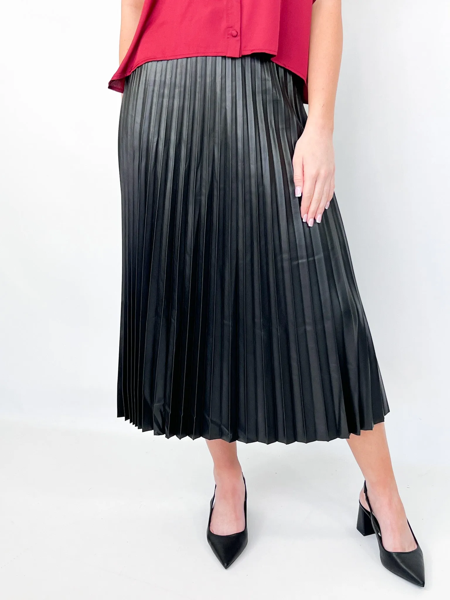 Sara - Black Pleather Pleated Skirt