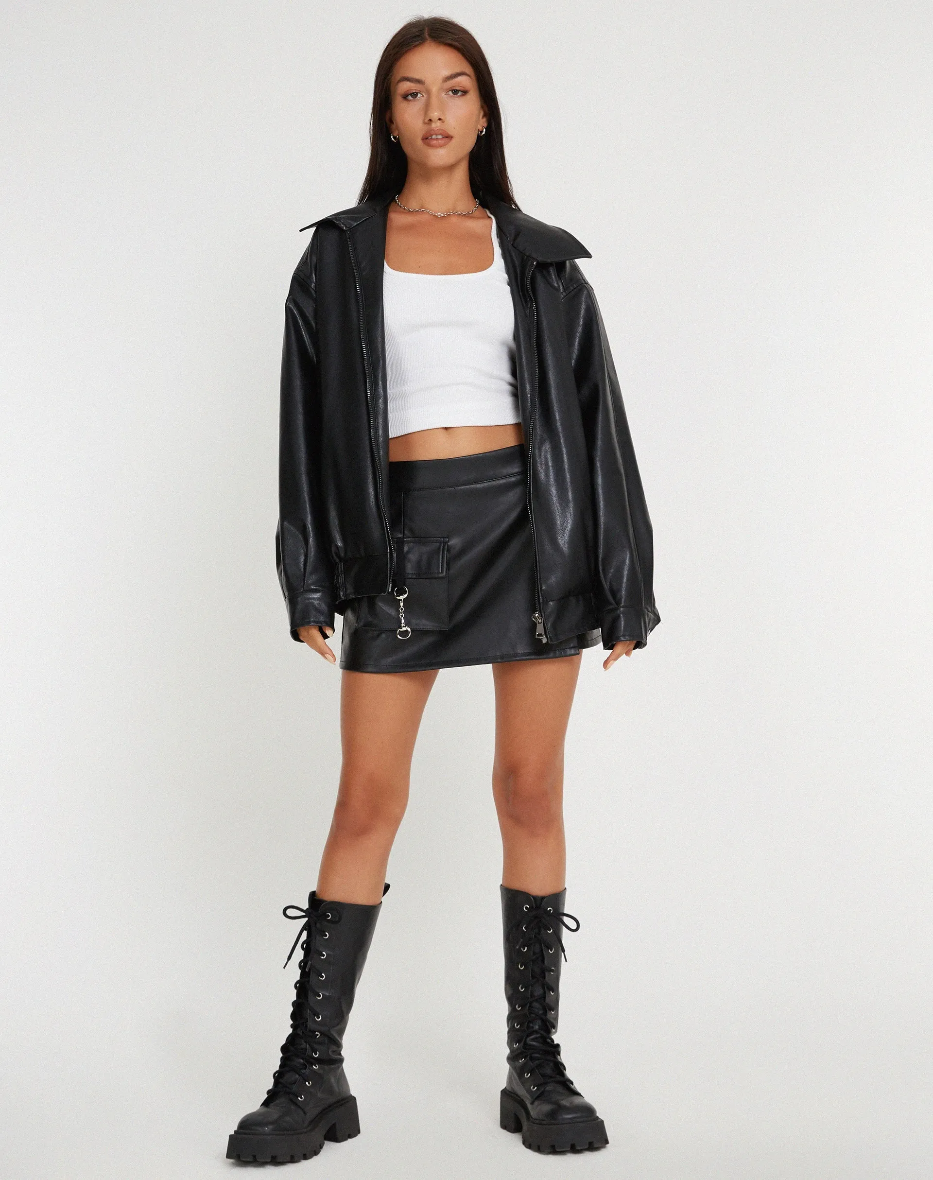 Sioni Wrap-Over Mini Skirt in PU Black