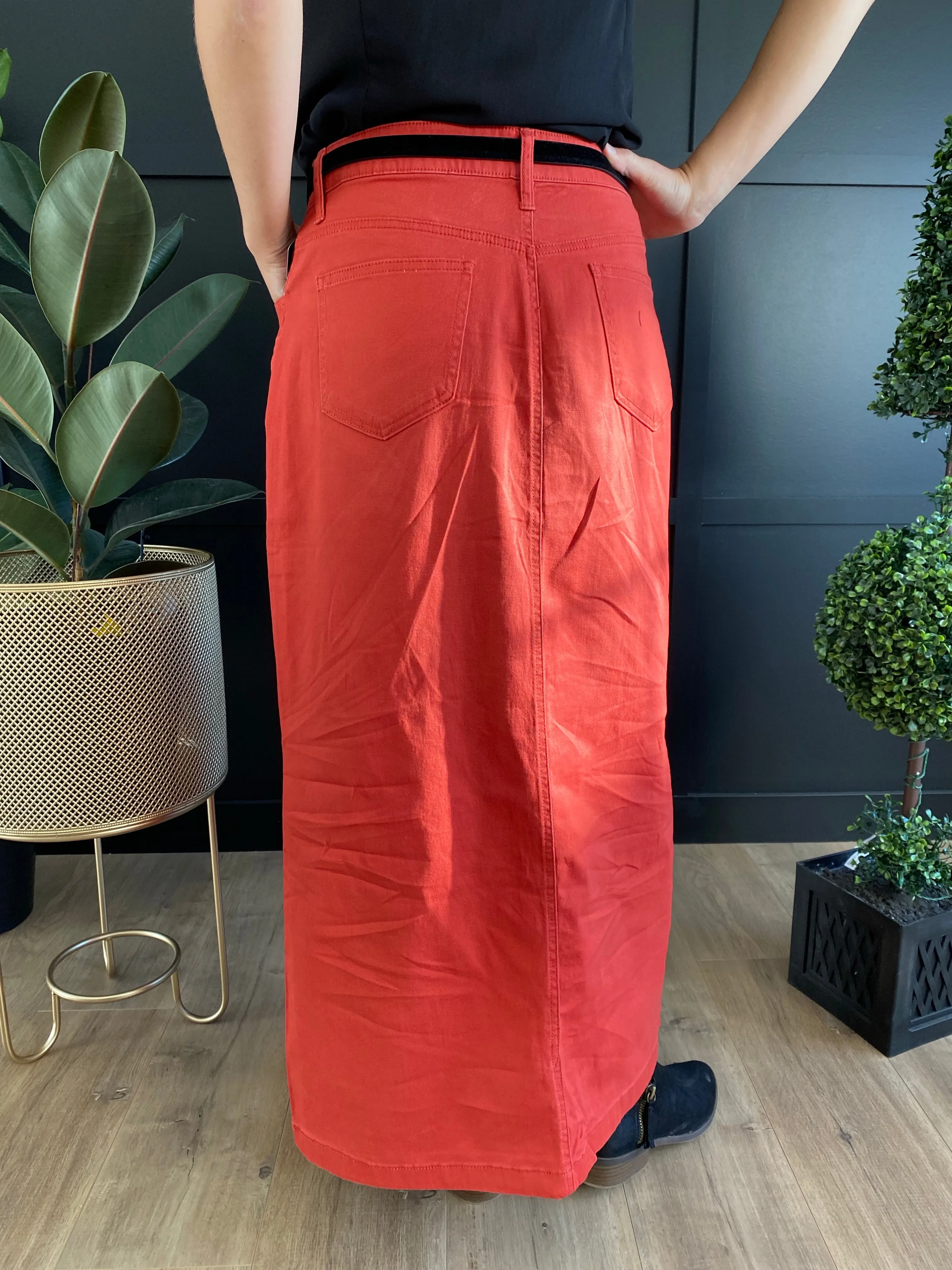 “Skylar” in Terra Cotta Coloured Twill Long Skirt