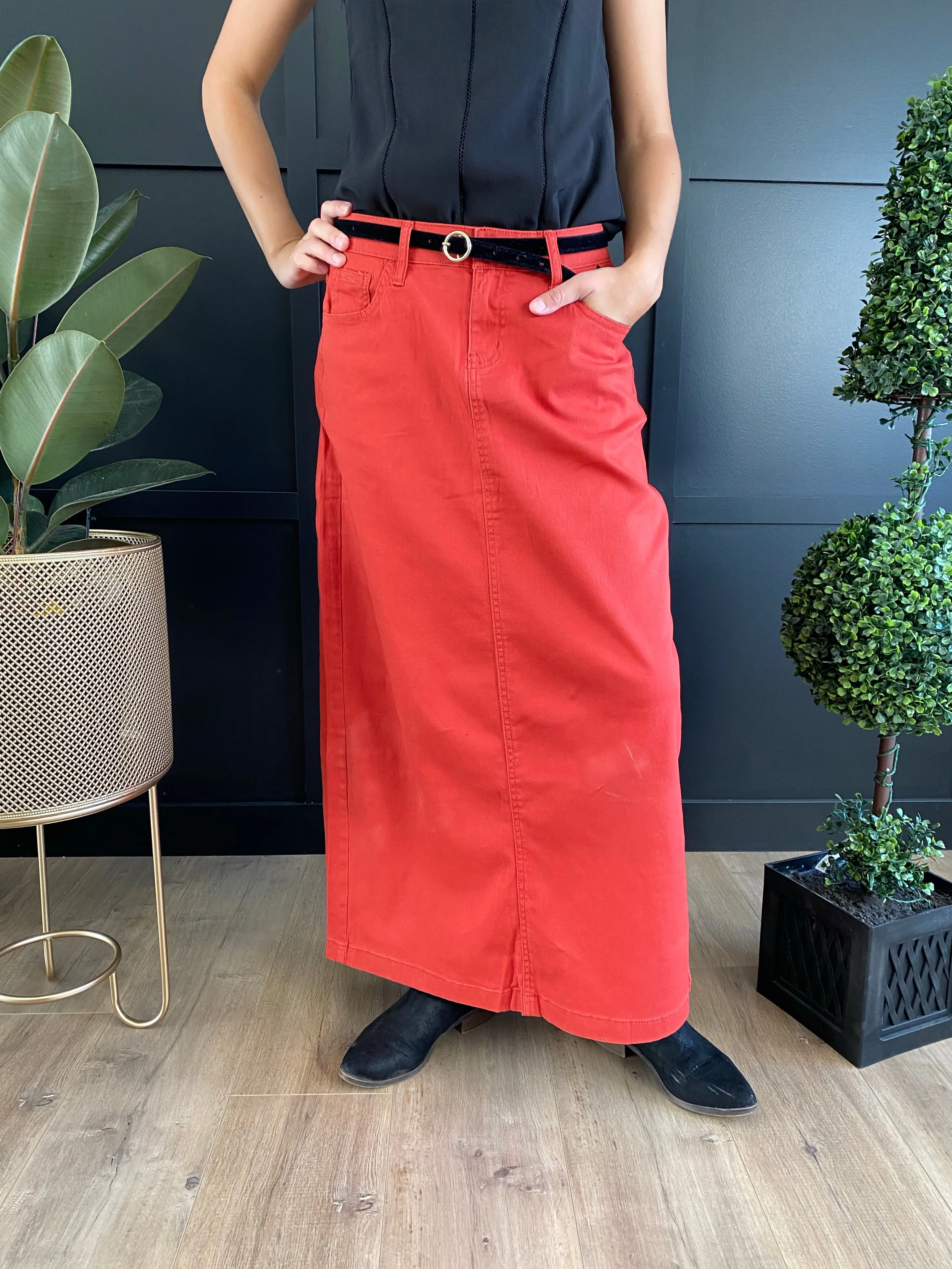 “Skylar” in Terra Cotta Coloured Twill Long Skirt