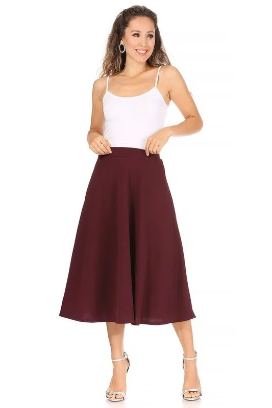 Solid high waisted, A-line, midi skirt