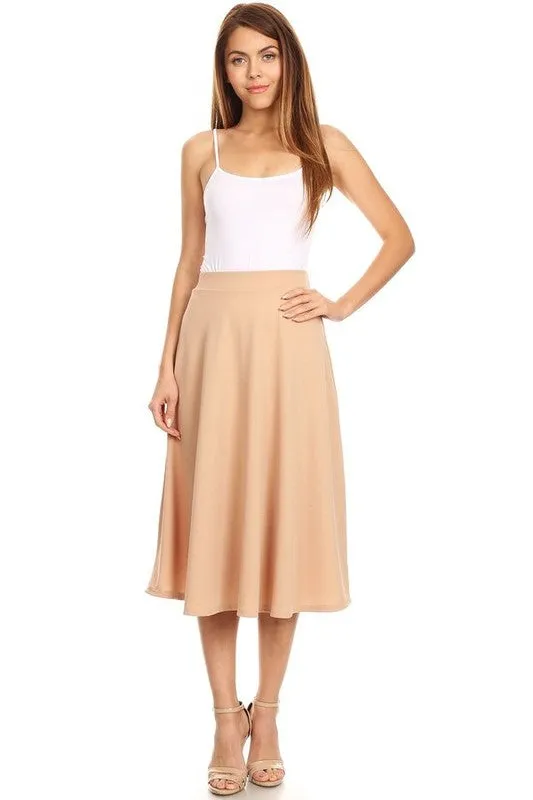 Solid high waisted, A-line, midi skirt