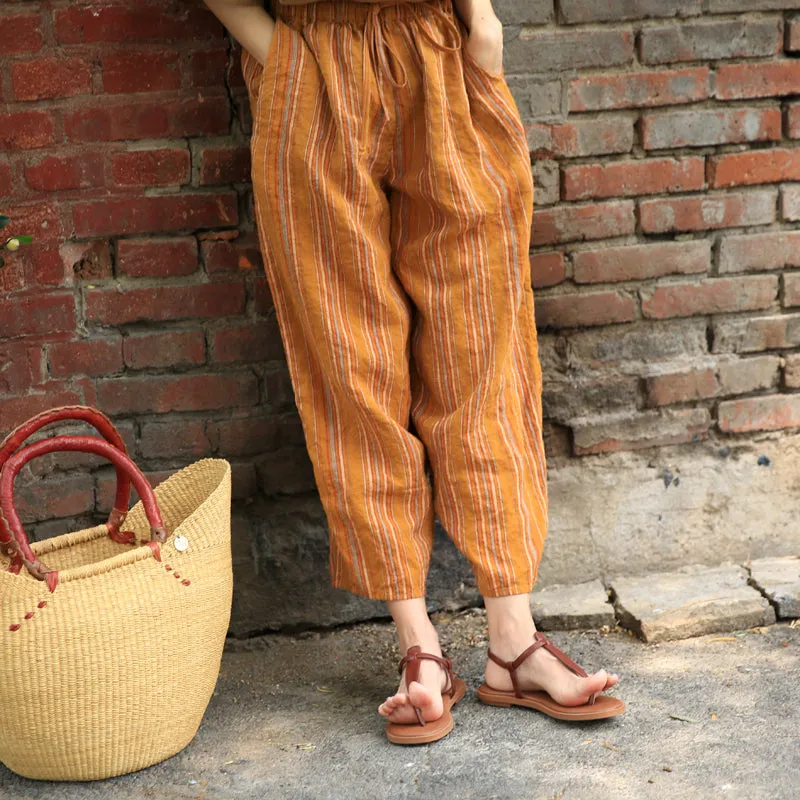 Stripe Women Casual Wide Leg Linen Pants Z98402