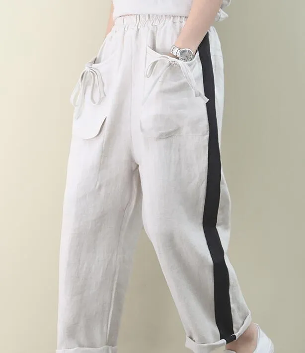 Summer Loose Linen Wide Leg Women Casual Pants Elastic Waist WG05131