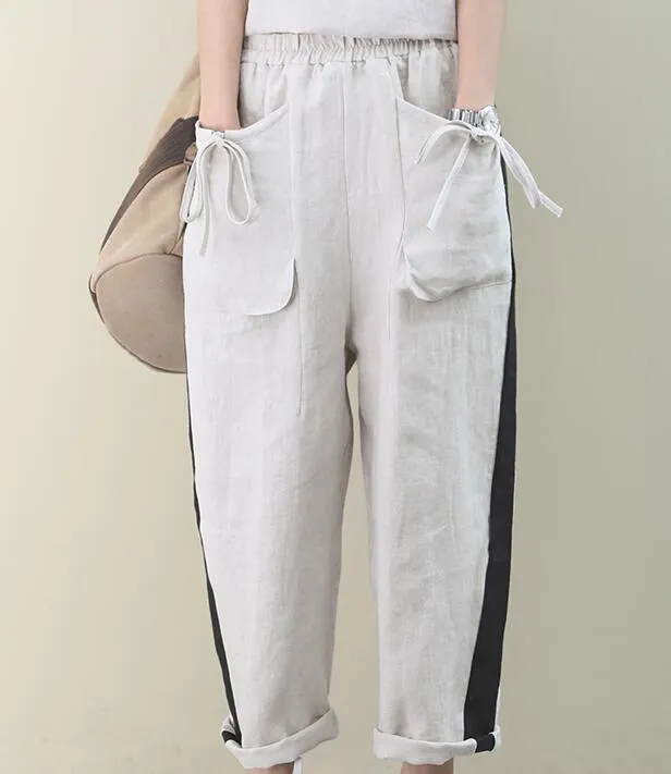 Summer Loose Linen Wide Leg Women Casual Pants Elastic Waist WG05131