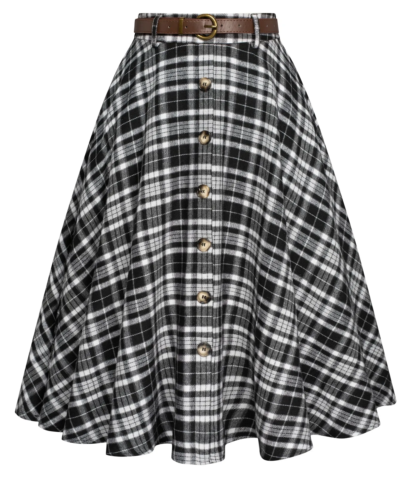 Swing Plaid Skirt with Belt Elastic High Waist Buttons Decorated Skirt