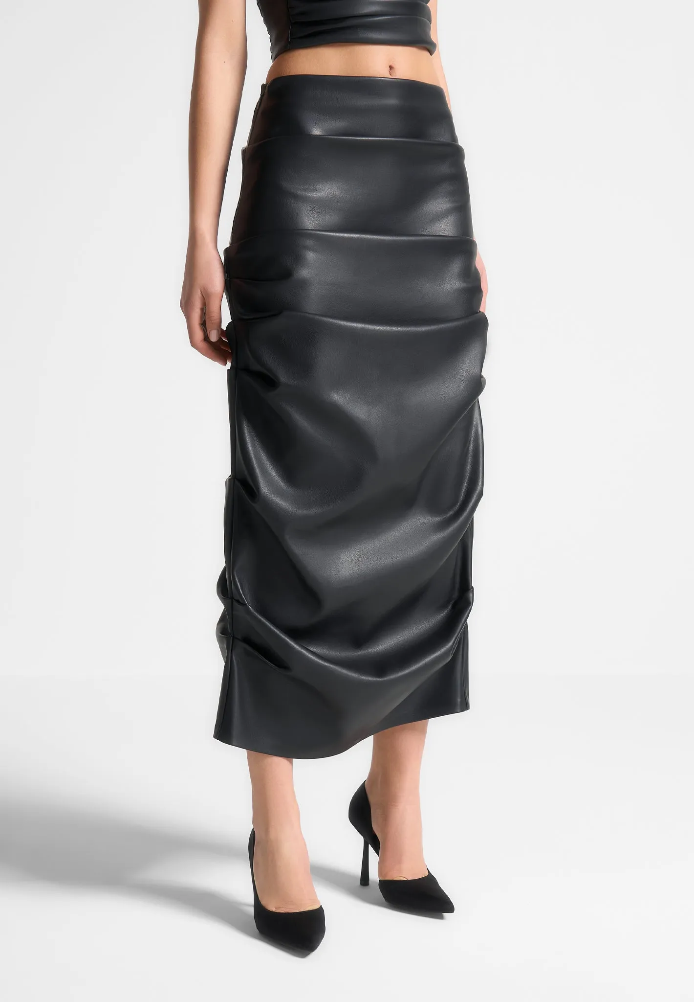 Tacked Leather Midaxi Skirt - Black