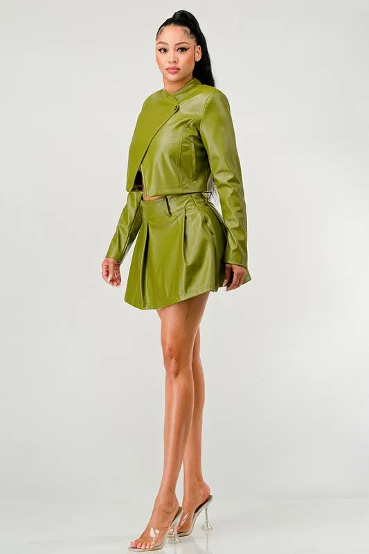 TEEK - Green Button Up Pu Leather jacket Skirt Set