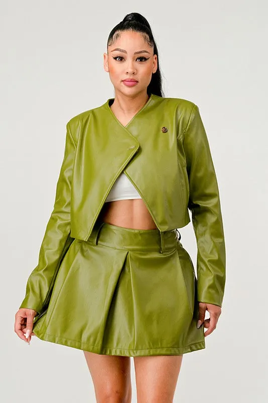 TEEK - Green Button Up Pu Leather jacket Skirt Set