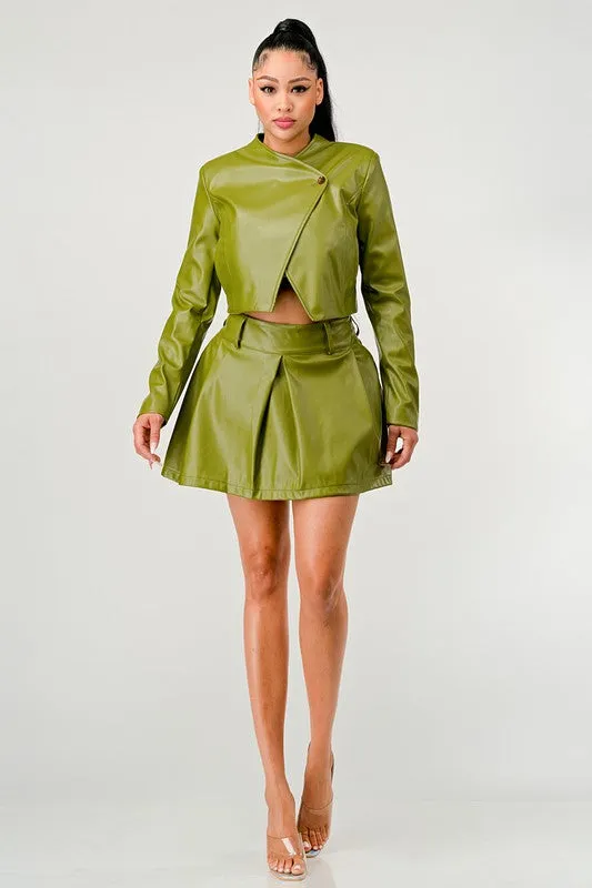 TEEK - Green Button Up Pu Leather jacket Skirt Set