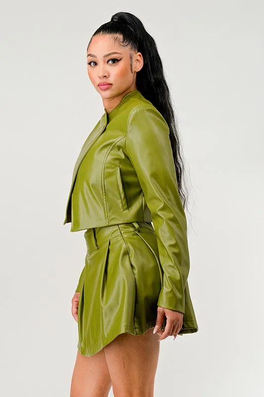 TEEK - Green Button Up Pu Leather jacket Skirt Set