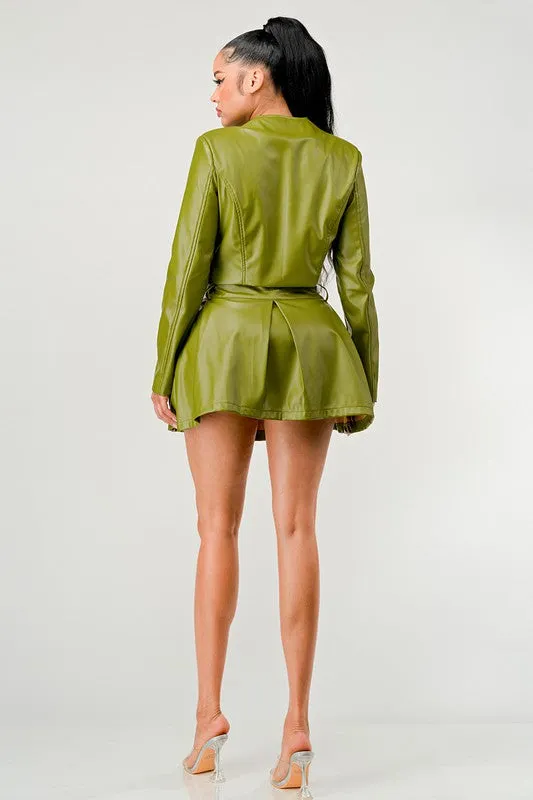 TEEK - Green Button Up Pu Leather jacket Skirt Set