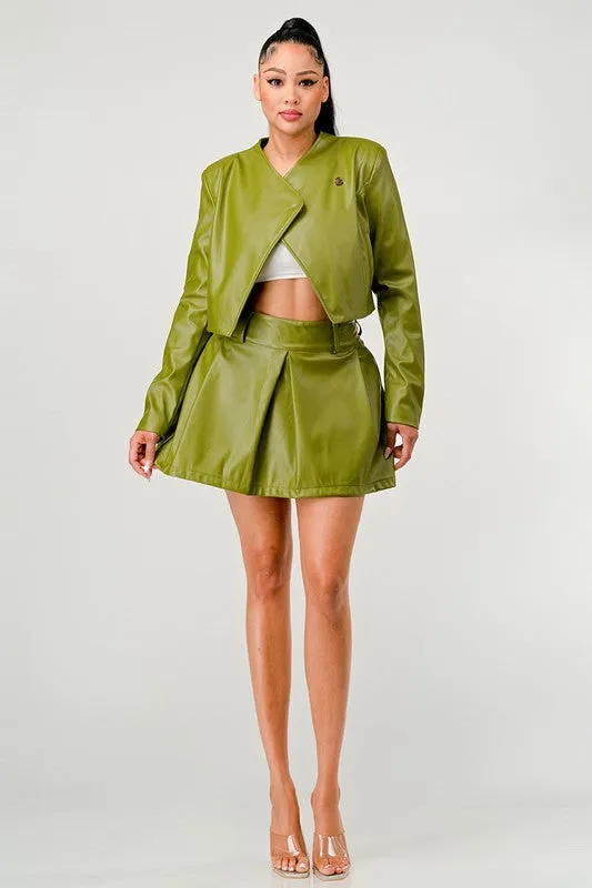 TEEK - Green Button Up Pu Leather jacket Skirt Set