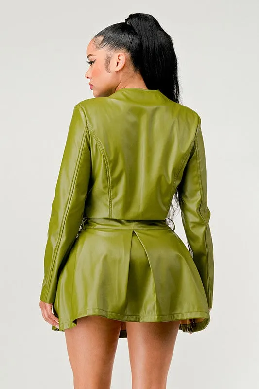 TEEK - Green Button Up Pu Leather jacket Skirt Set