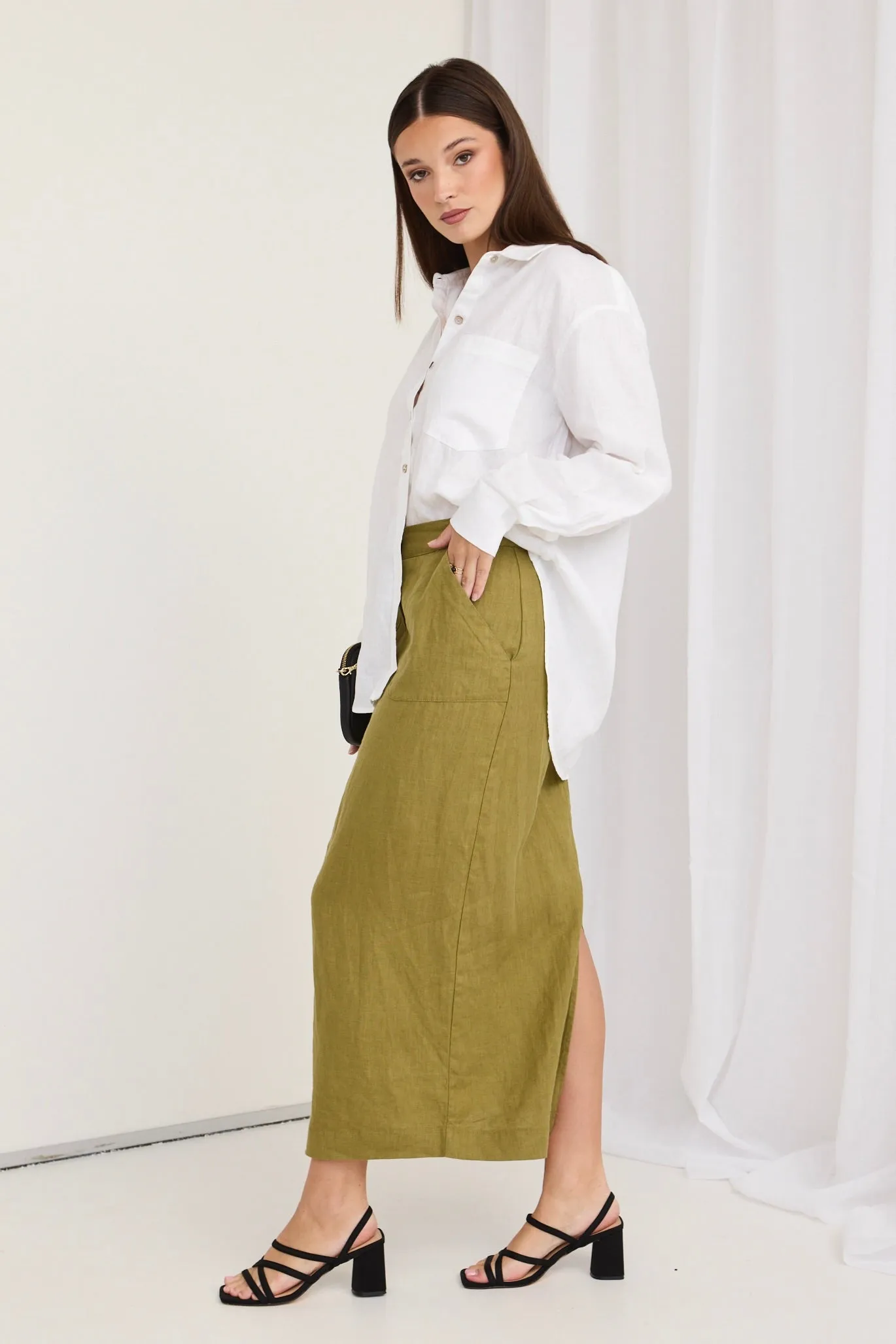 Tempt Pickle Linen Utilitarian Midi Skirt