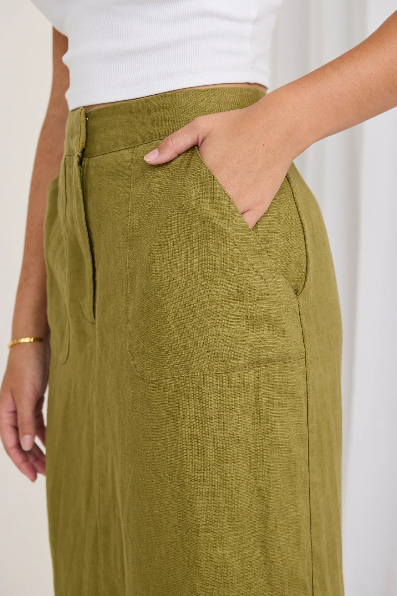 Tempt Pickle Linen Utilitarian Midi Skirt