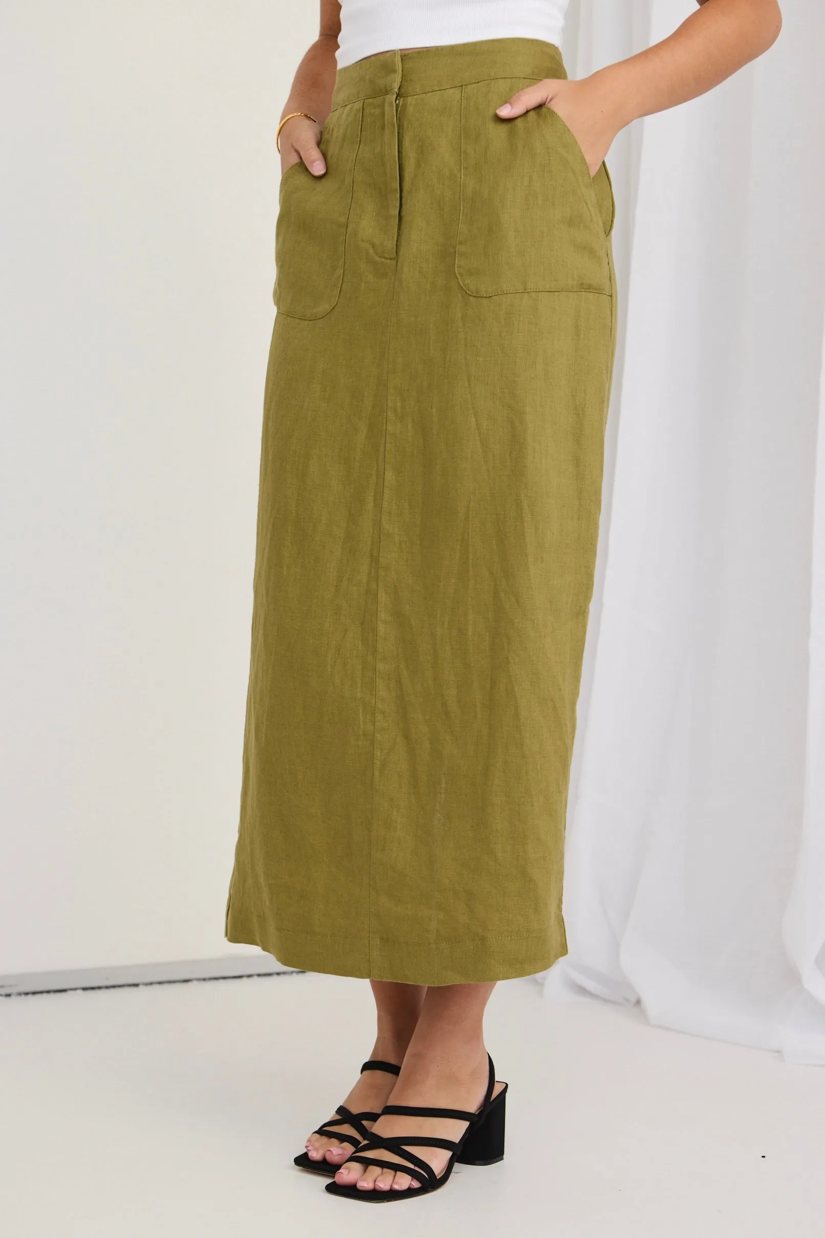 Tempt Pickle Linen Utilitarian Midi Skirt